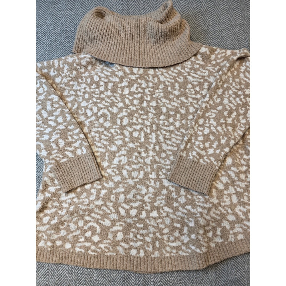 Rachel Zoe Sweater Womens Large Tan White Leopard Tight Knit Turtleneck Pullover